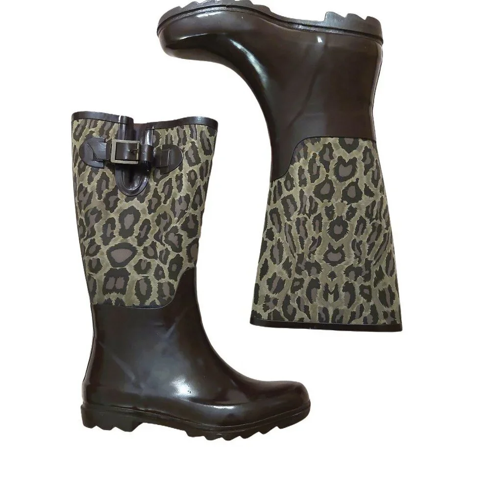 BCBGGeneration Madison Leopard Rubber Rain Boots Retail $395
